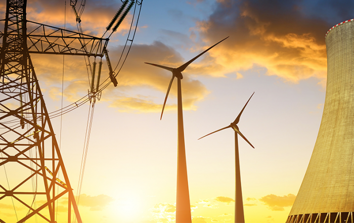 Electicity pilons wind turbines and cooling tower